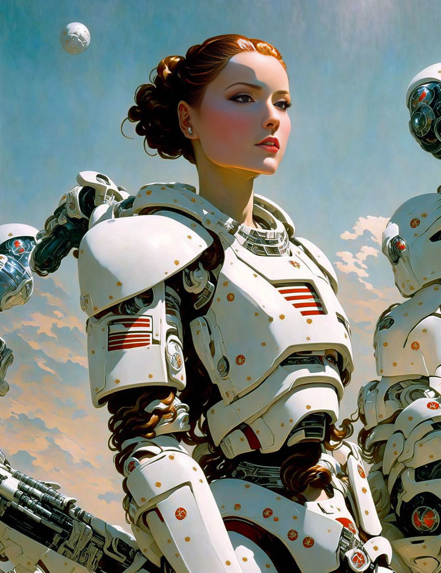 Detailed Female-Faced Humanoid Robot in White Futuristic Armor against Blue Sky