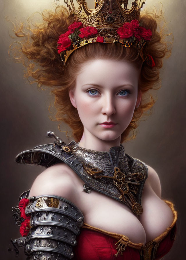 Woman with Blue Eyes and Red Curly Hair in Golden Crown and Armor Dress