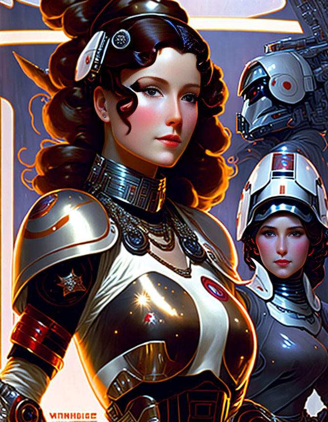 Stylized illustration of two female figures in vintage and futuristic armor