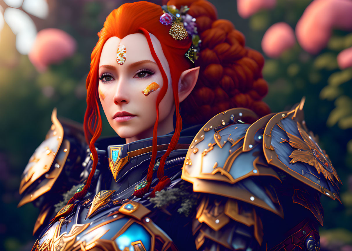 Fantasy elf portrait with red hair, jewels, golden armor, and pink blossom backdrop.