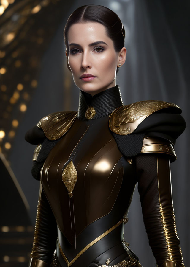 Elaborate Black and Gold Armored Outfit on Poised Woman