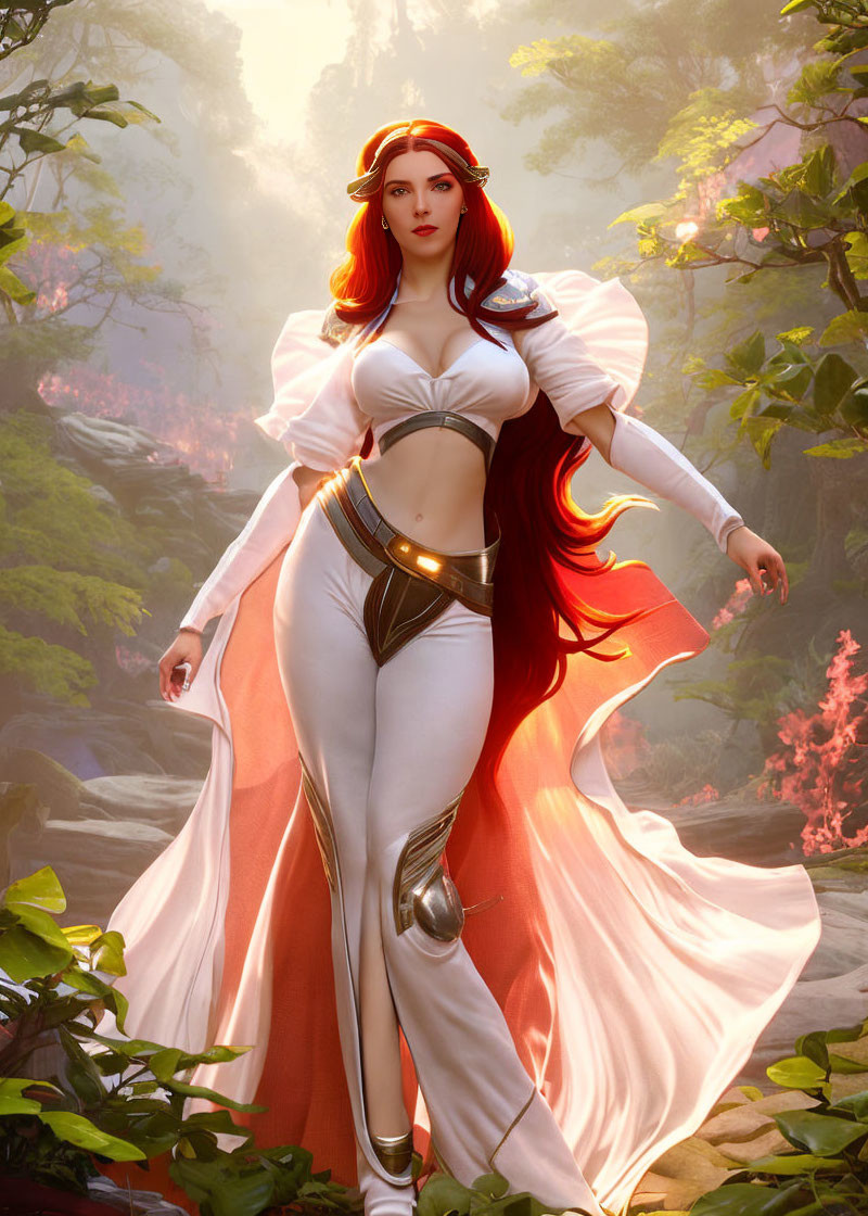 Stylized image of woman with red hair in white and gold fantasy outfit in misty forest