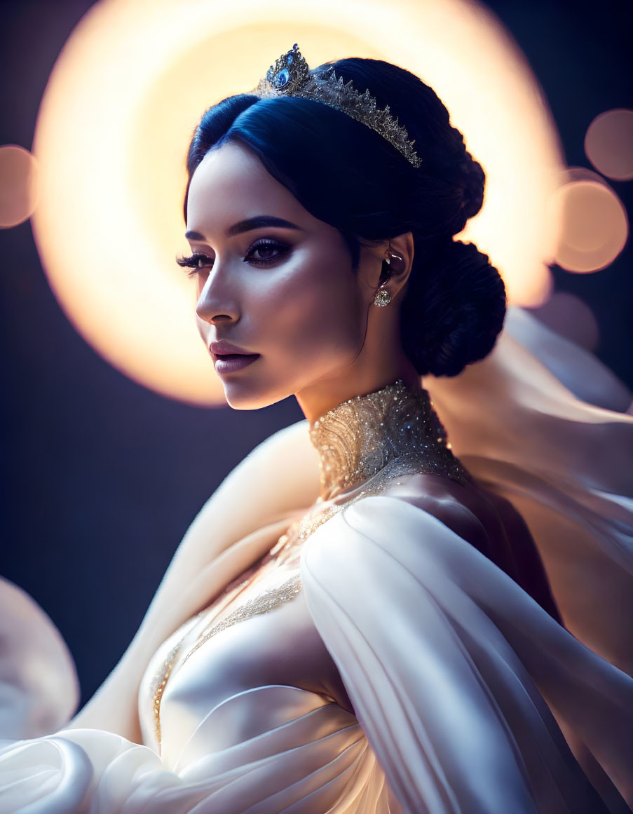 Regal woman with tiara, styled hair, and makeup in gold-accented white dress.