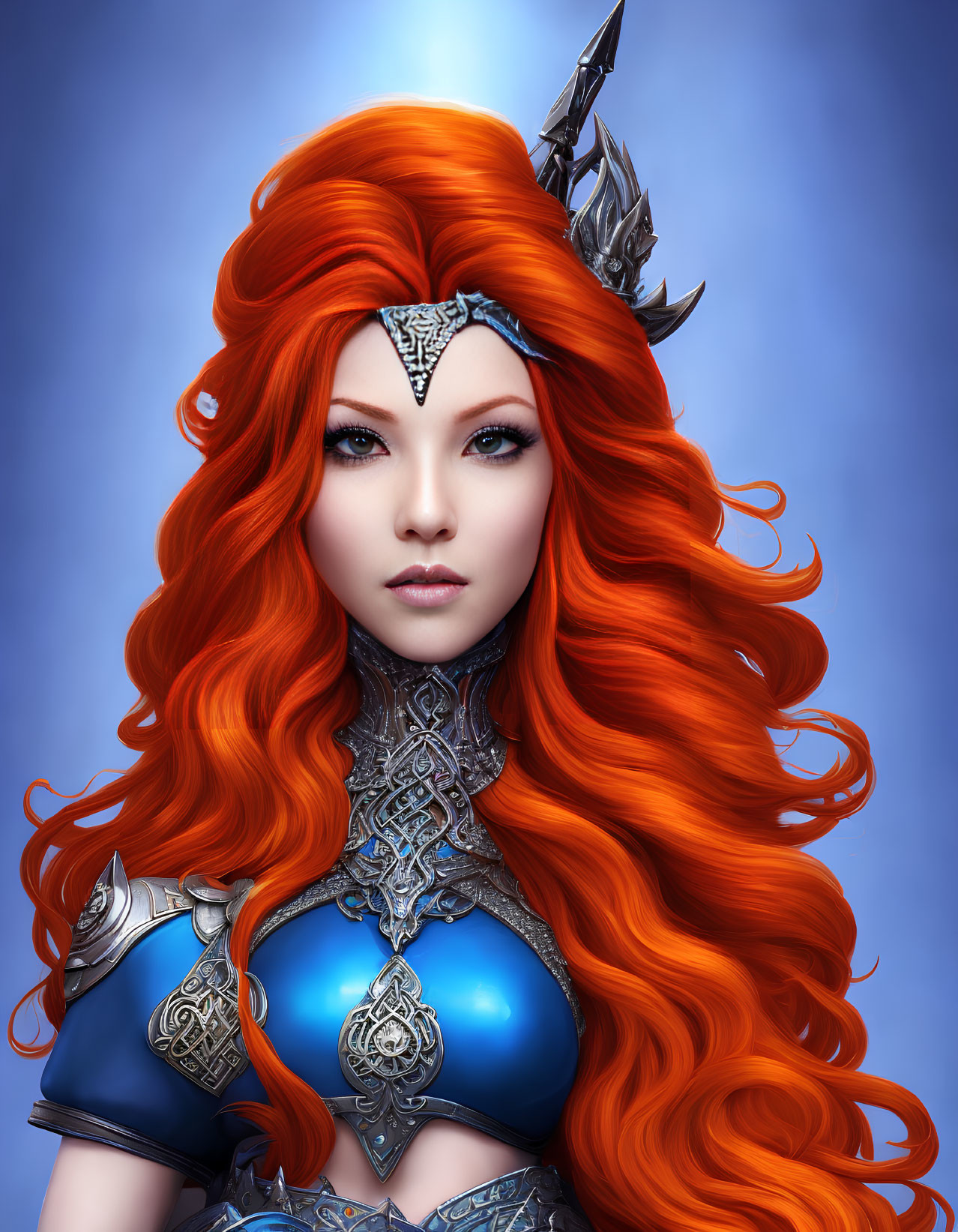 Fantasy female warrior digital art portrait with red hair and silver armor on blue backdrop