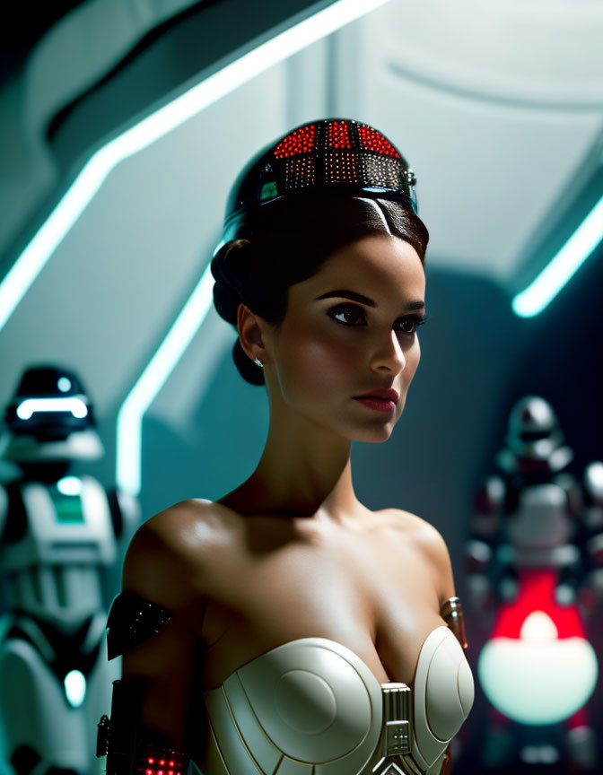 Futuristic white armor woman with illuminated headdress and stormtrooper-like silhouettes