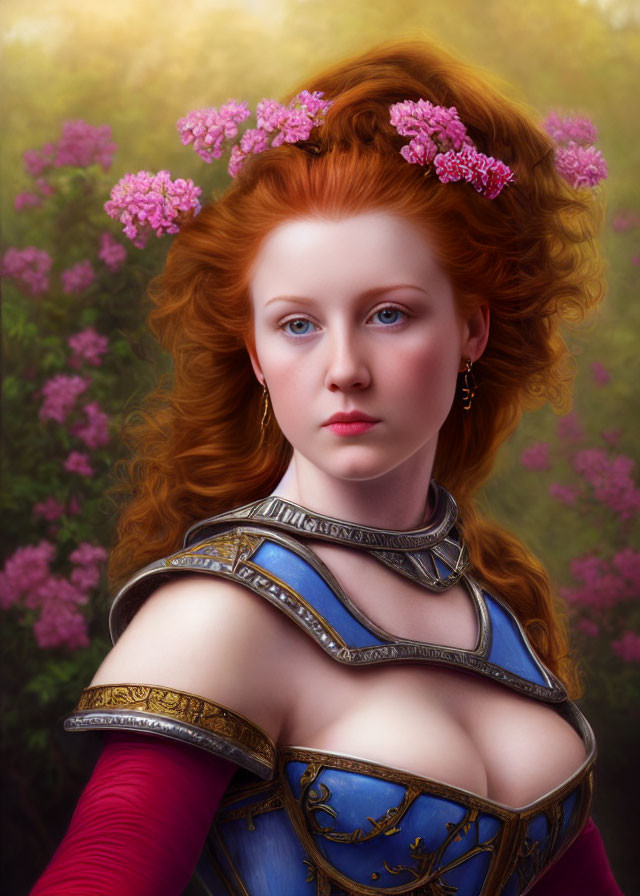 Vibrant red-haired woman in blue and silver armor with pink flowers.