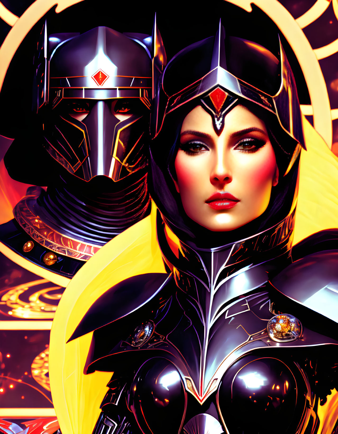 Stylized male and female characters in futuristic armor on fiery background