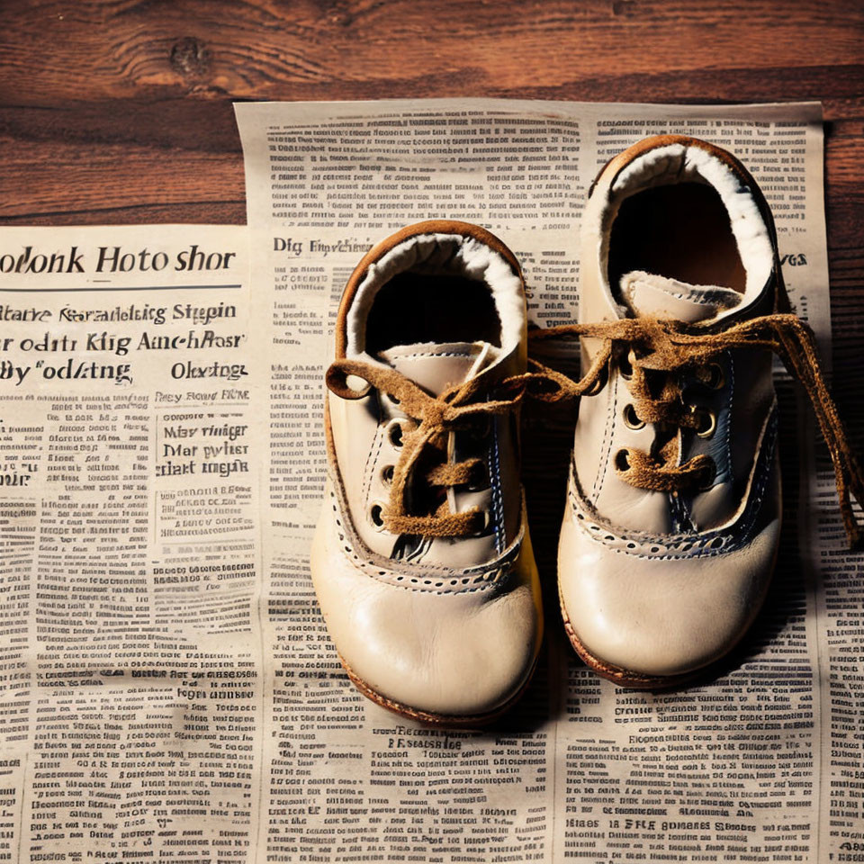 Vintage Baby Shoes Resting on Newspaper on Wooden Surface