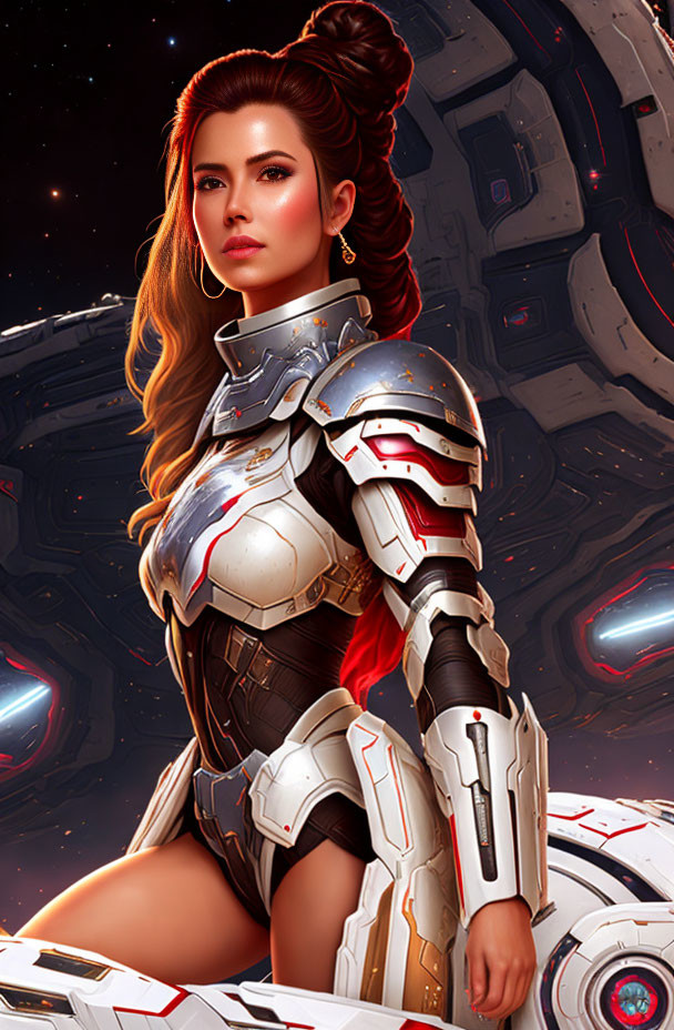 Sci-fi digital art: Woman in brown hair with futuristic armor and machinery.