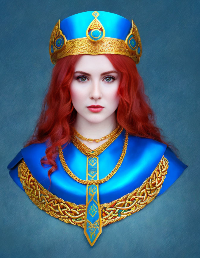 Red-haired woman in regal blue and gold costume with crown.