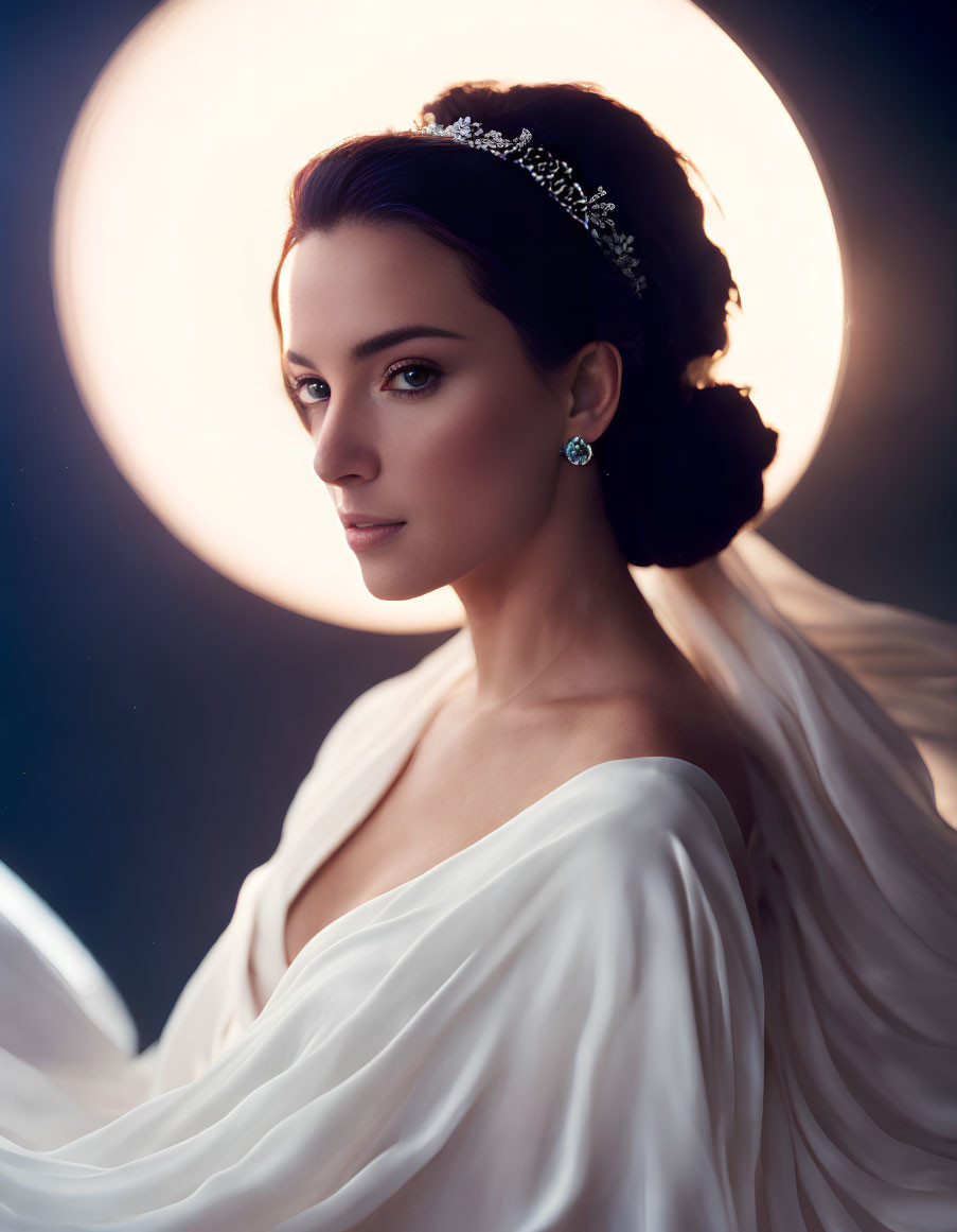 Elegant woman with tiara and earrings in backlit halo effect wearing white garment