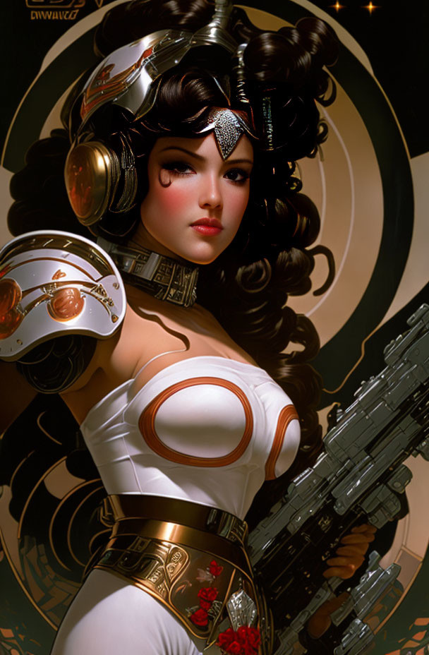 Futuristic female character with large headphones, ornate helmet, and sci-fi blaster