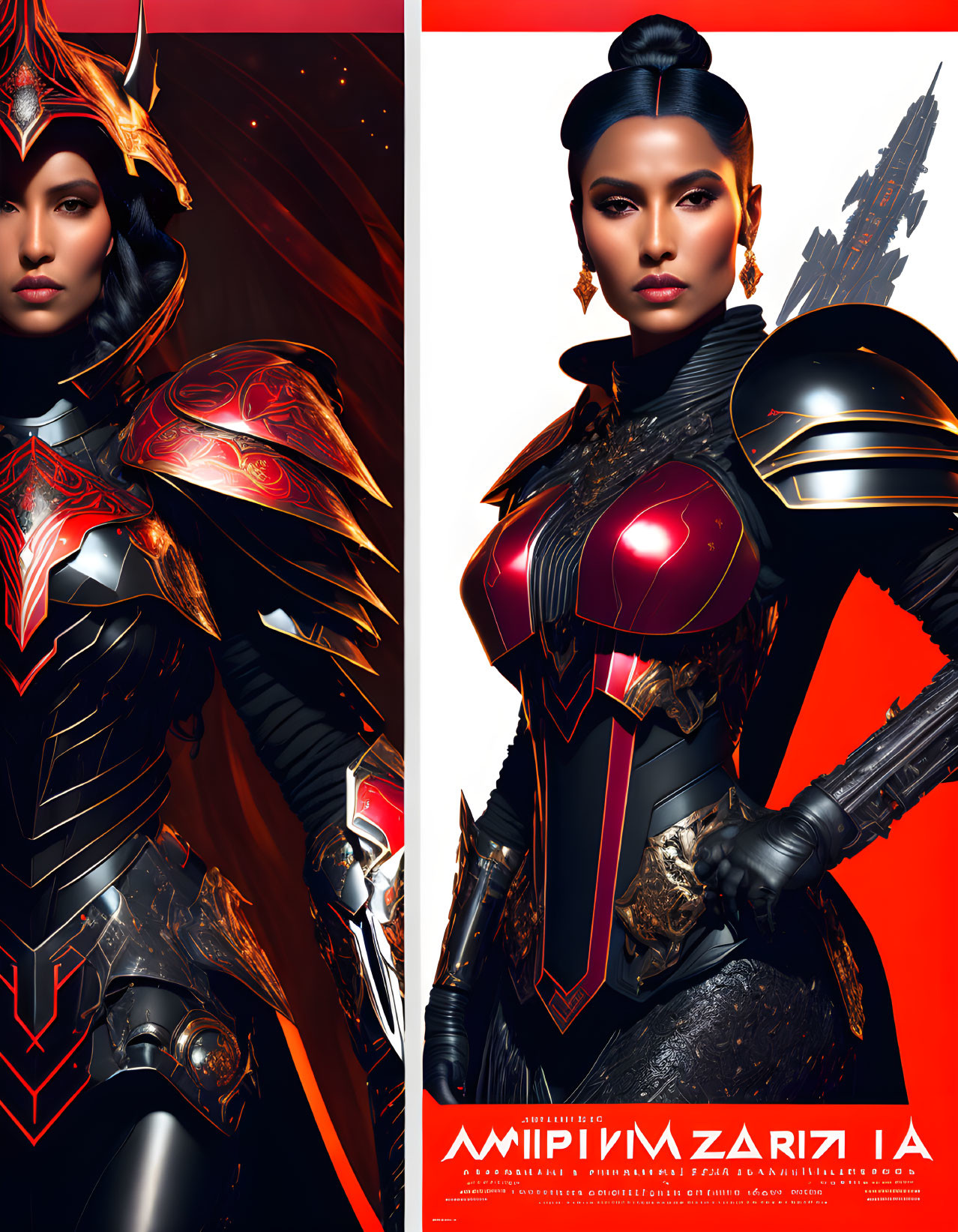 Stylized portraits of woman in futuristic red-and-black armor on bold red backdrop