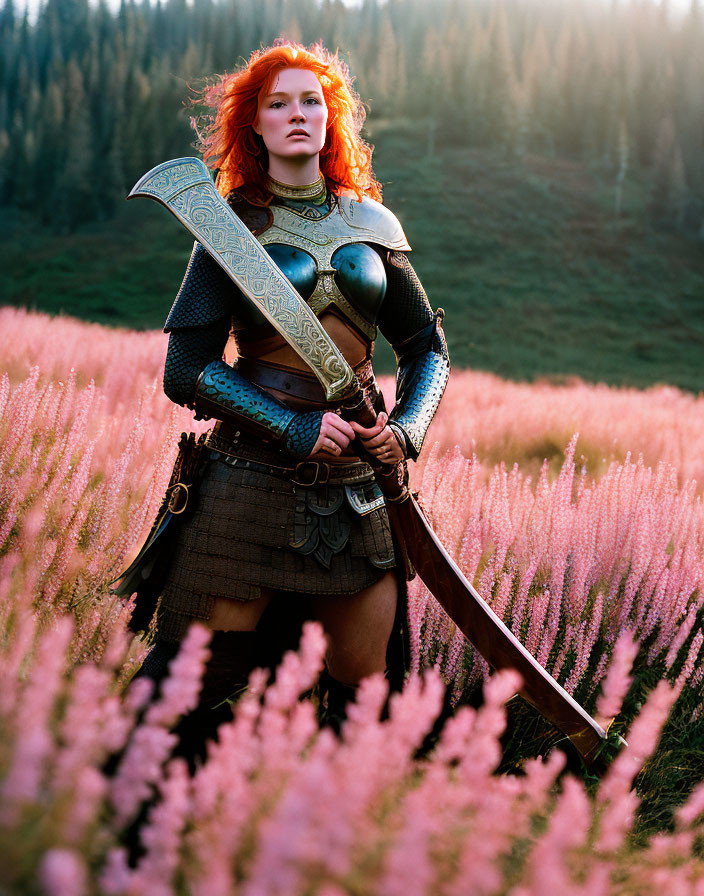 Warrior woman with red hair in armor, sword in hand, in flower field.