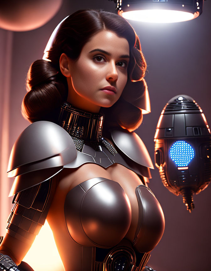 Sci-fi themed portrait of a woman in futuristic armor with robot companion