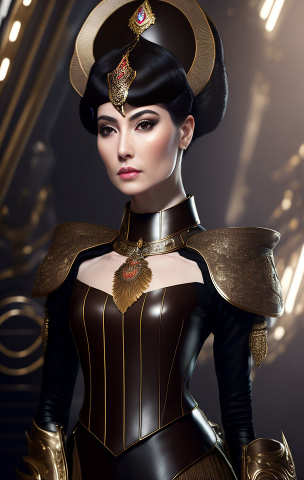 Futuristic black and gold costume with shoulder armor on woman