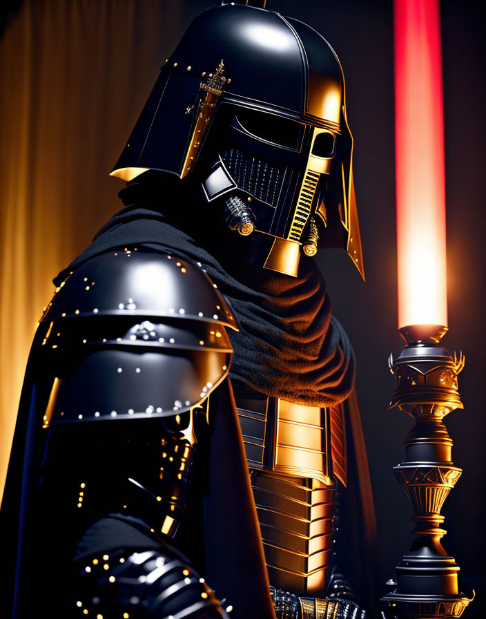 Figure in Black Armor Wielding Red Lightsaber