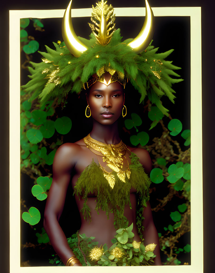 Person with Golden Adornments and Green Horned Headdress in Lush Greenery