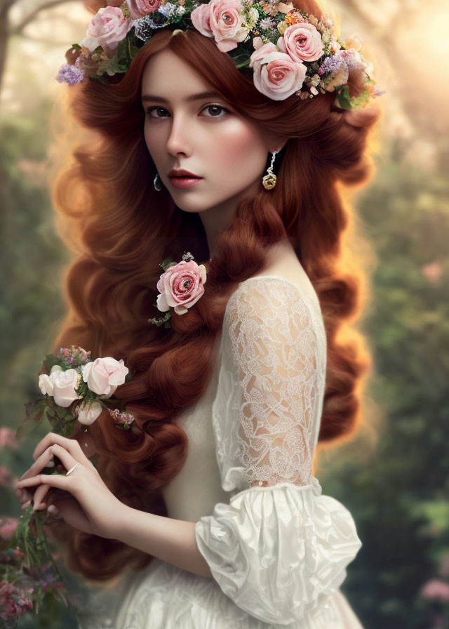 Red-haired woman in floral crown and lace dress in dreamy forest setting