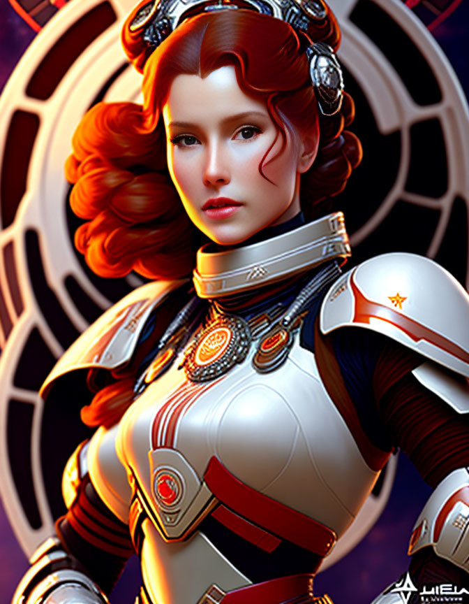 Digital artwork of a woman in futuristic white armor with red accents, standing by ornate circular design