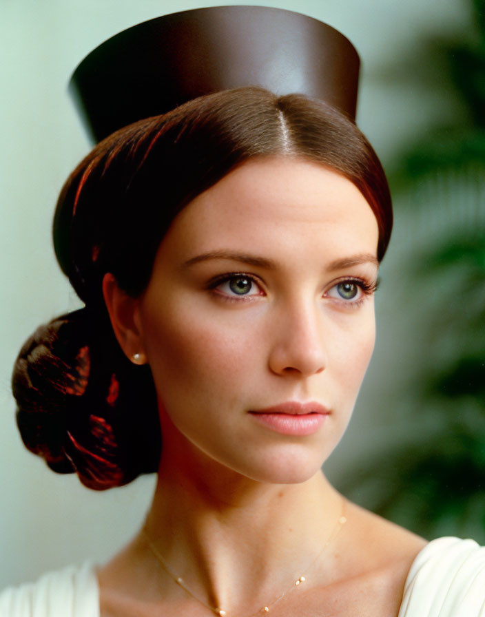 Woman with Cylindrical Hat and Low Bun Hairstyle and Brown Hair Ornament