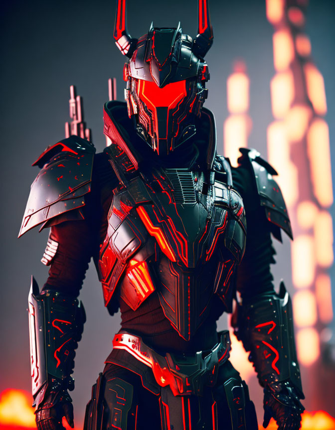 Futuristic warrior in black and red armor with glowing enhancements on blurred illuminated background