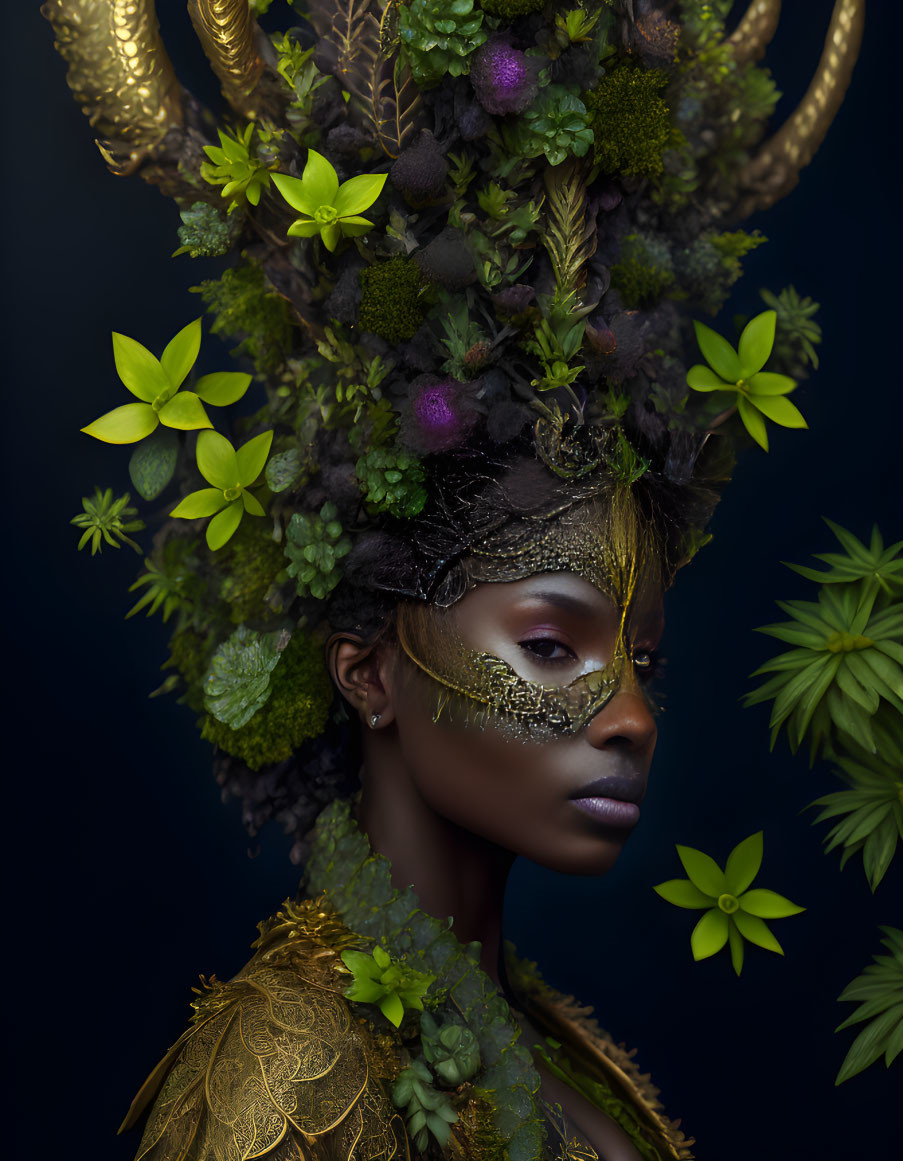 Elaborate Headpiece with Horns and Foliage on Woman's Face