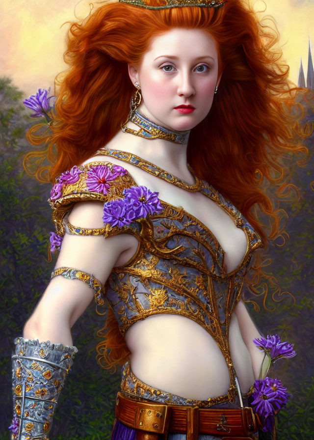 Digital artwork: Woman in red hair, gold & blue medieval armor with purple flowers, in natural setting