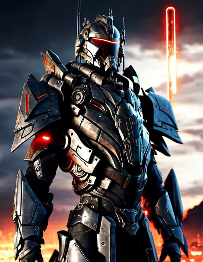 Armored robot with glowing red eyes and sword under dramatic dusk sky