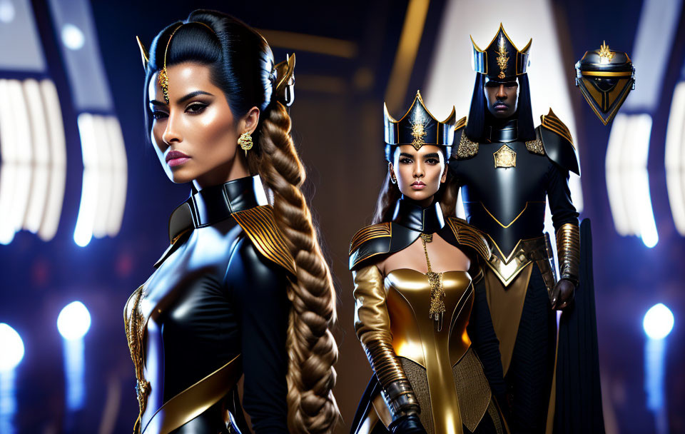 Three futuristic individuals in black and gold armor with intricate helmets and glowing blue lights.