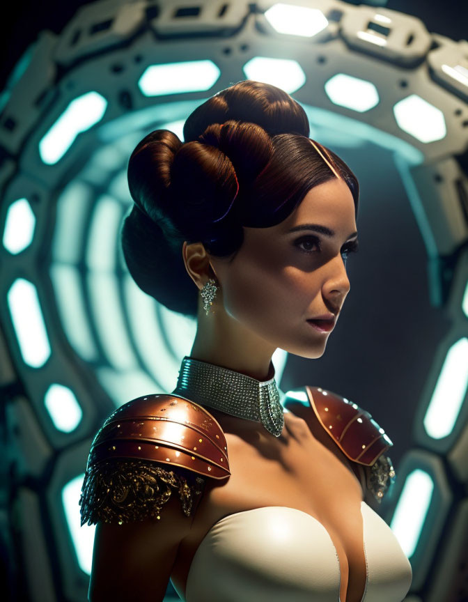 Elaborate Hairstyle Woman in Futuristic Attire with Sci-Fi Background