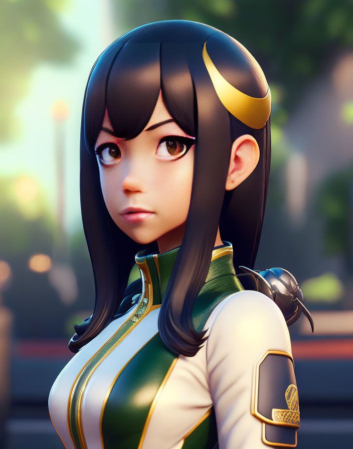 3D illustration of female character with black hair, gold headband, large eyes, green and white