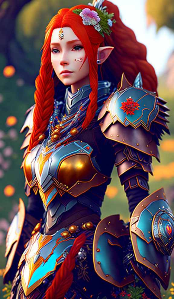 Red-Haired Elf in Blue and Gold Armor Surrounded by Flowers