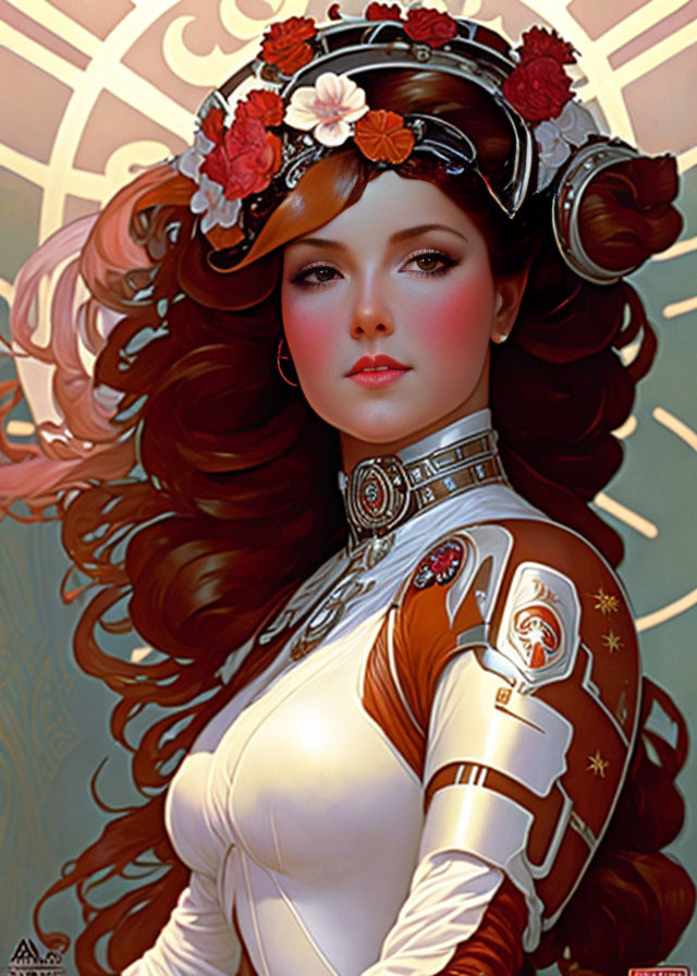 Woman with flowing brown hair in sci-fi armor and floral crown on geometric background