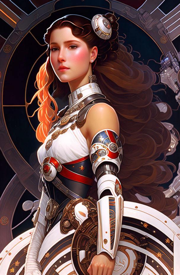 Cosmic steampunk digital art: Woman in white/silver armor with mechanical elements