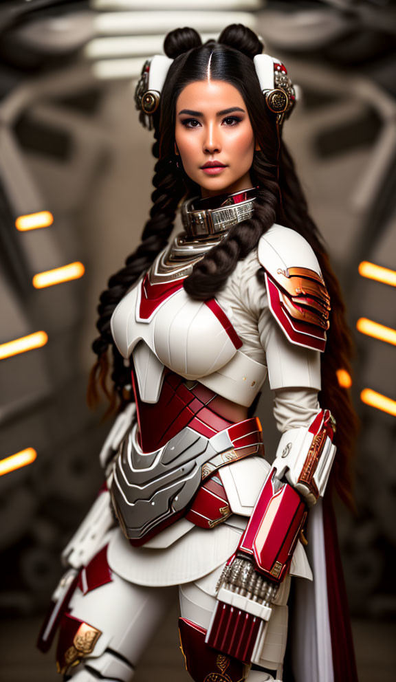 Elaborate White and Red Armored Costume with Sci-Fi Elements