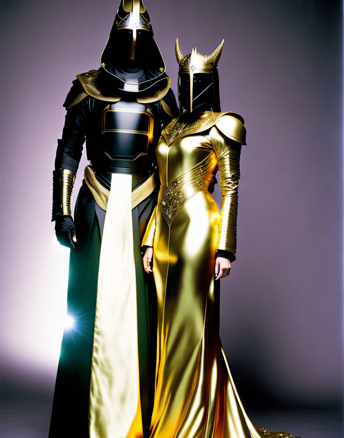 Two people in golden and black armored costumes on gradient backdrop