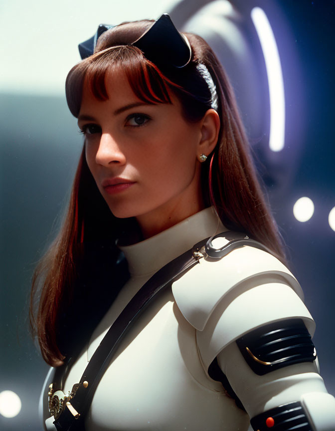 Brown-haired woman in futuristic outfit with black bow accessory poses against blurred background.