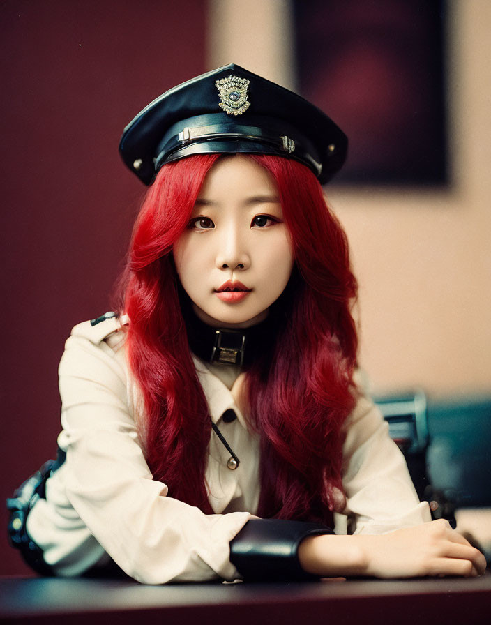 Red-Haired Woman in Police-Style Cap on Maroon Background