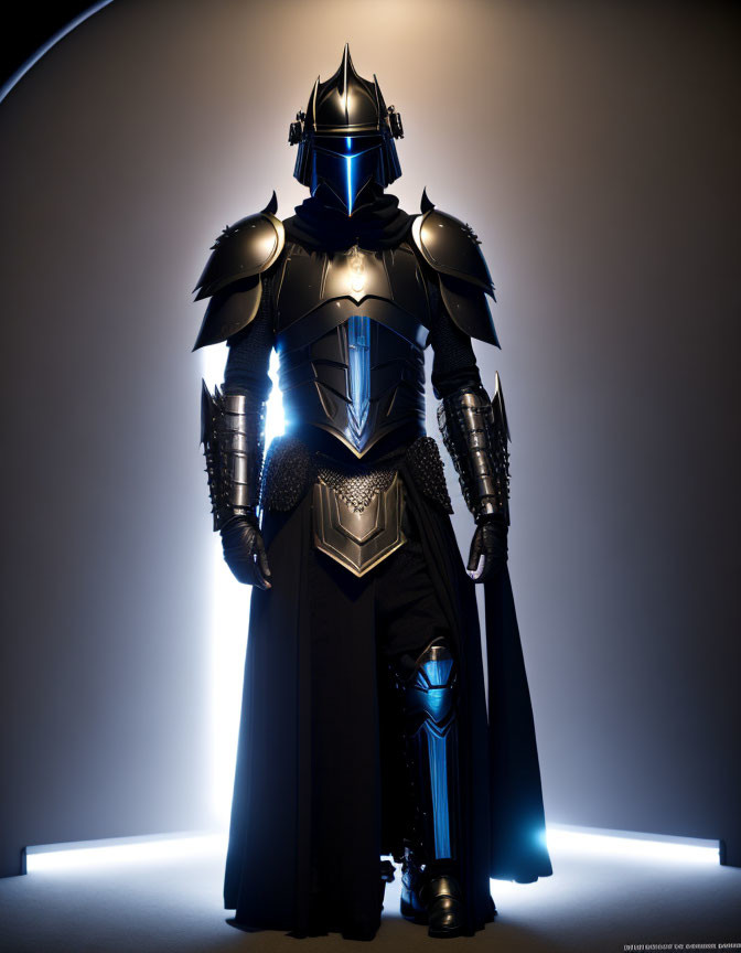 Stylized black armor with blue accents against curved wall