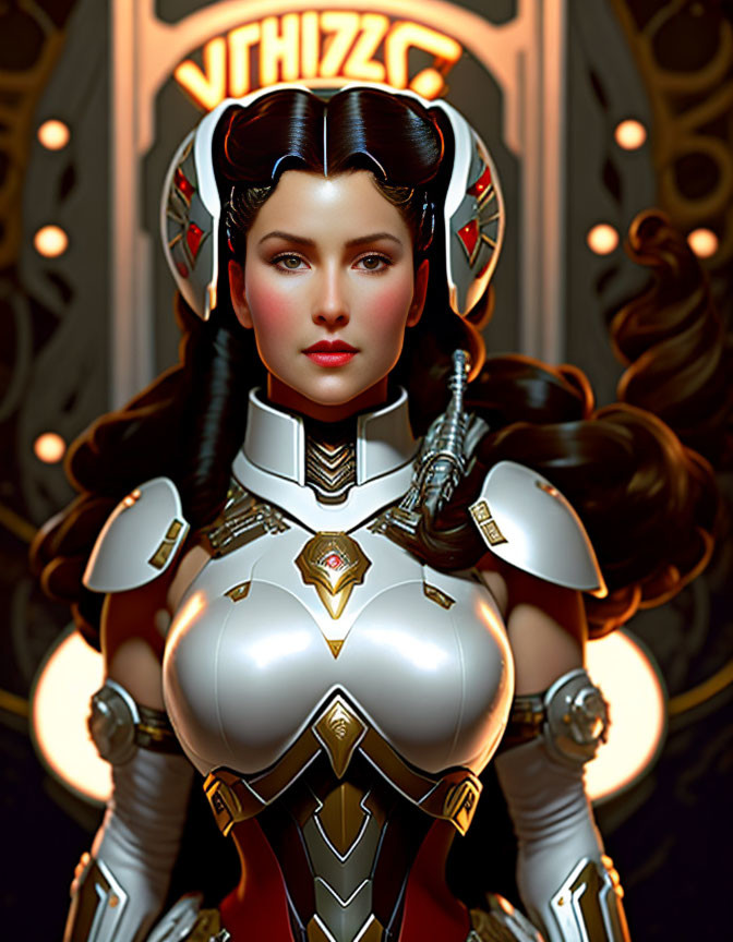 Futuristic digital artwork of woman in silver and gold armor suit