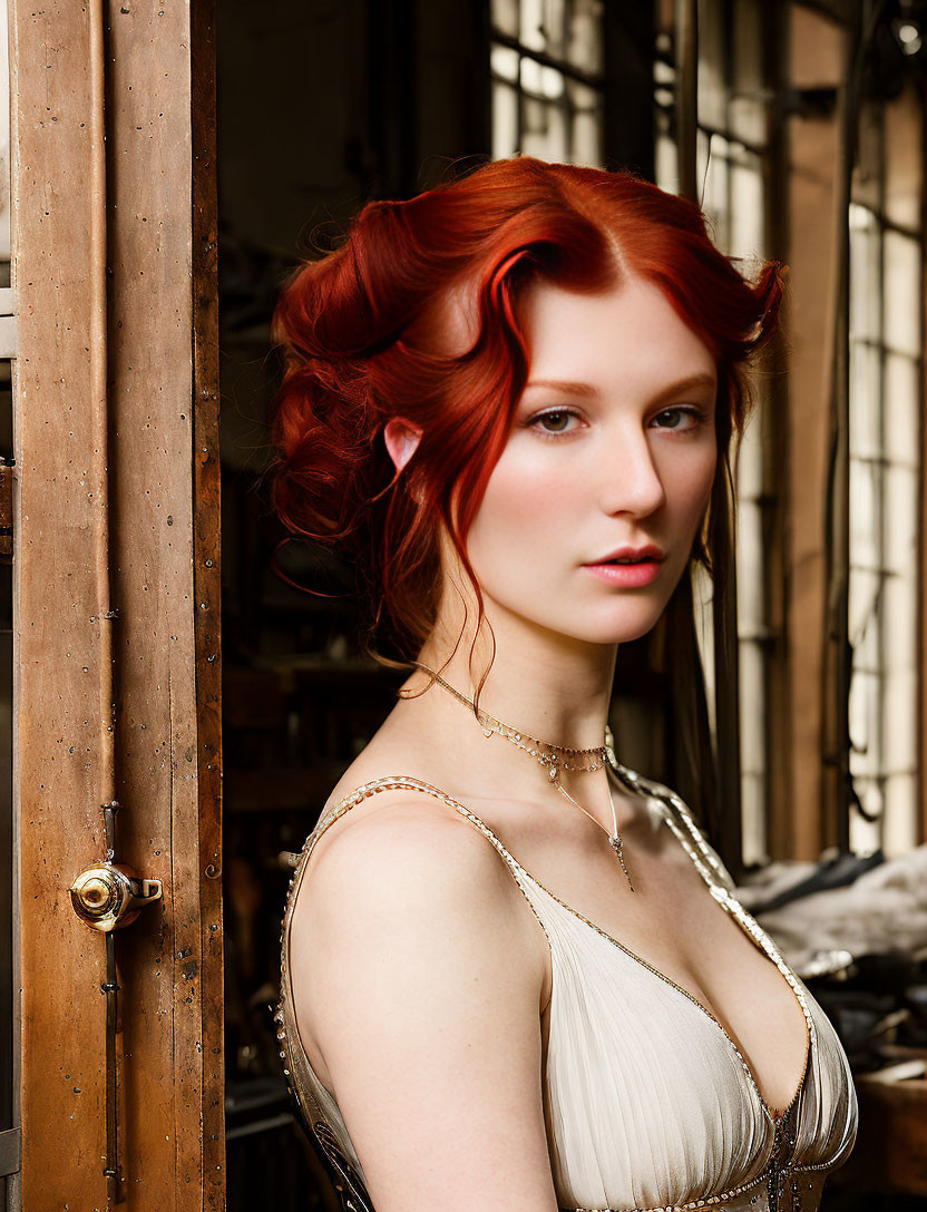 Elegant woman with vibrant red hair in off-white dress