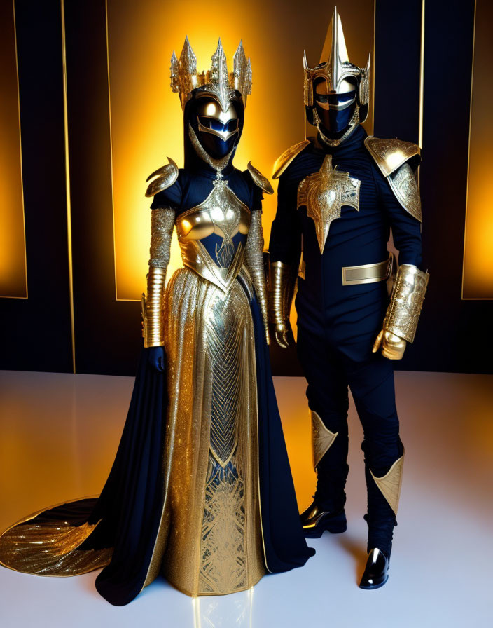 Elaborate gold and black costume individuals with masks and armor posing against golden vertical lights