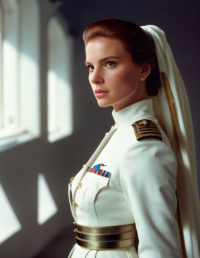 Profile of Woman in White Military Uniform with Medals and Cap