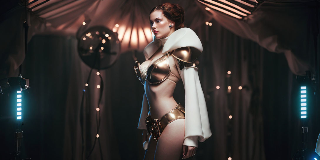 Futuristic woman in white and gold costume with metallic armor on soft lit backdrop