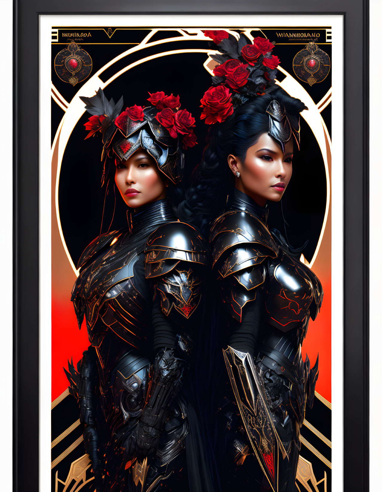 Two women in black armor with red floral accents against Art Deco background