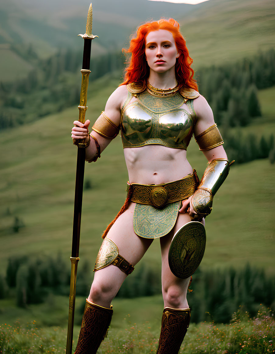 Red-haired woman in ornate warrior costume with spear in lush meadow