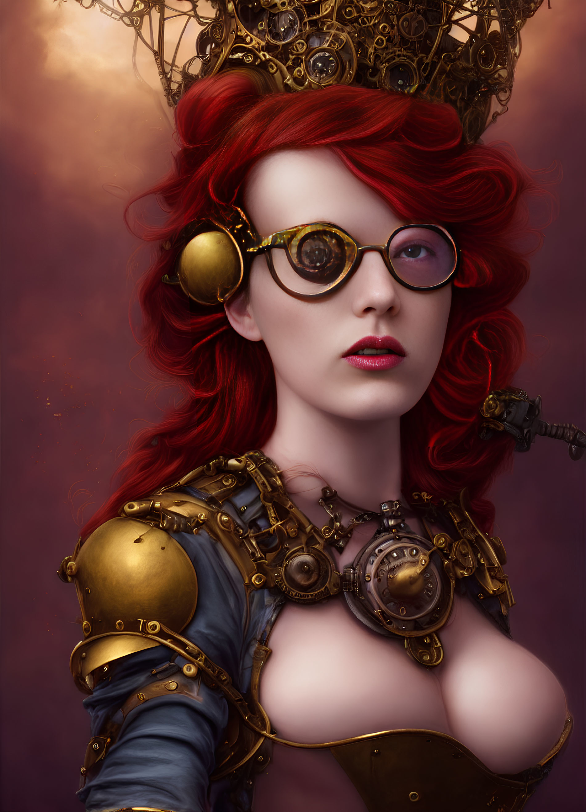 Vibrant red-haired woman in steampunk attire with brass accessories on pink backdrop