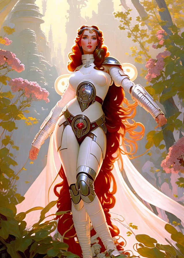 Stylized female character in futuristic armor with flowing red hair in forest setting