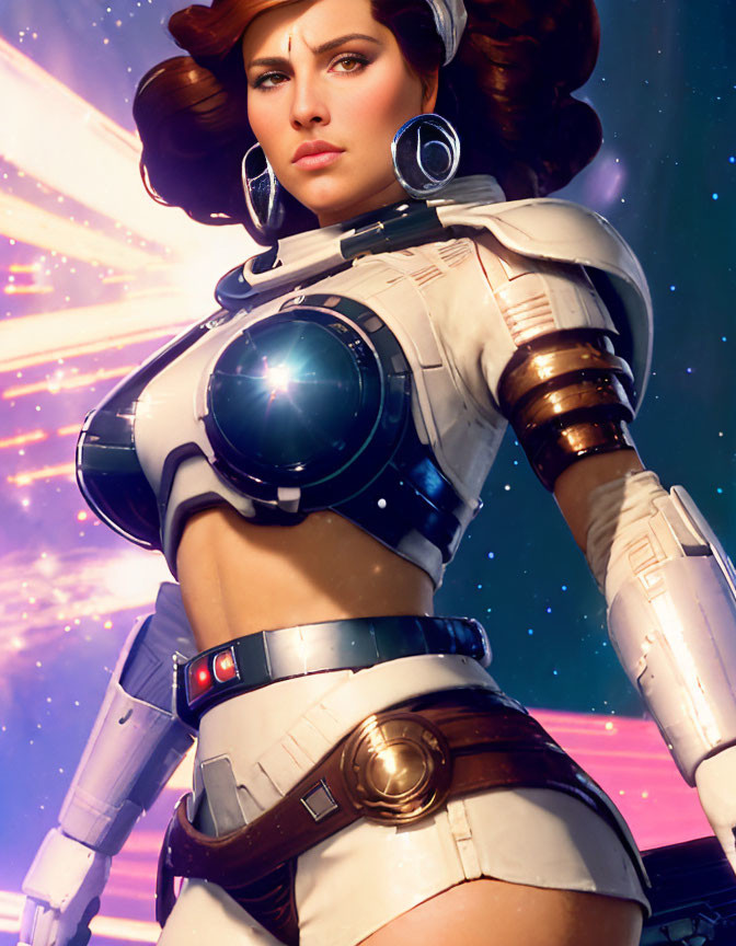 Sci-fi themed digital illustration of a female character in futuristic white outfit